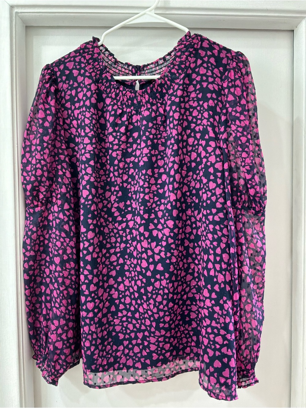 LOFT Navy Blouse with Pink Heart Print